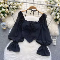 SINGREINY-Blusa Chiffon de Manga Flare para Mulheres, Tops Ruffle, Cintura Elástica Sólida, Halter Backless, Slim Ladies, Harajuku Sexy Blusa Curta na internet