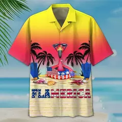 Flamingo desenho animado 3D dos homens camisa havaiana, roupas de praia extragrandes, manga curta, moda, verão, venda quente na internet