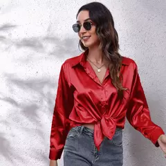 Blusa cetim manga comprida feminina, camisa de seda, tops soltos, streetwear elegante, roupas de primavera e outono
