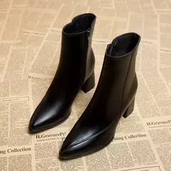 Botas femininas finas e finas estilo britânico, dedo apontado, zíper lateral, preto, nu, novo, primavera e outono, 2024 - comprar online