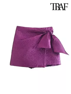 TRAF-Saias de Shorts Texturizados Femininos com Zíper Lateral Arco Amarrado, Cintura Alta, Vintage, Moda Feminina - Wolf Magazine