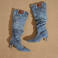 Dedo apontado sobre as botas do joelho para mulheres, bombas de jeans jeans, sapatos sexy estilete, designer de moda, inverno, 2024 - Wolf Magazine