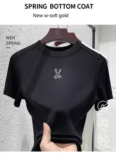 Top de diamante cintilante de manga curta feminino, estrela de diamante, coelho fashion, elástico alto, macio, grandes dimensões, verão, novo, top versátil - Wolf Magazine