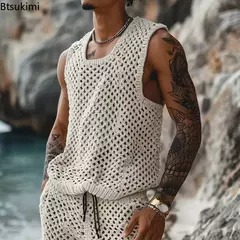 Conjunto masculino casual de duas peças de malha, tops soltos e shorts sólidos, terno esportivo de praia, streetwear oco, moda, verão, 2024 - loja online