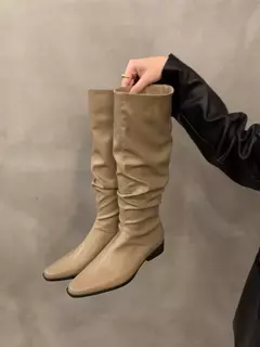 Botas altas para o joelho feminino, sapatos femininos, dobras deslizantes, salto baixo, dedo do pé redondo, plano, longo, moda, outono, inverno na internet