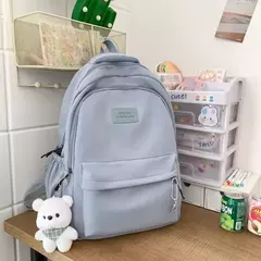 Mochila de grande capacidade para estudante, bolsa simples e versátil para menina, material poliéster unissex, decoração de boneca japonesa na internet