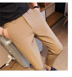 Calça de cintura elástica cor sólida para homens, calça casual slim fit, vestido de festa social, roupas de negócios de alta qualidade - loja online