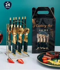 Louça de aço inoxidável com contas duplas, Rack com alça de plástico, faca de bife, garfo e colher, presentes high-end, 24PCs - comprar online