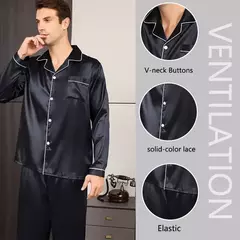 Conjunto de pijama com cardigã de manga comprida masculino, monocromático, lapela, casual, roupa de casa simples, pijamas, plus size, juventude, outono, inverno, 2 peças, conjunto - comprar online