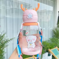 Garrafa de água Deer Horn para crianças, grande capacidade, copo de palha de plástico, estudante, menina kawaii, crianças, desenhos animados, 500ml na internet