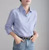 Camisa feminina manga comprida listrada azul, feminina de escritório, moda casual, solta, primavera, outono