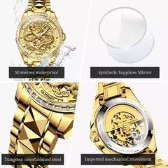 OUPINKE-impermeável relógio mecânico automático para casal, tungstênio tira de aço, movimento importado, dourado, luxo, original