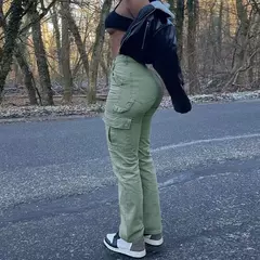 Calças monocromáticas para mulheres, calças simples com zíper frontal, cintura alta, streetwear com vários bolsos, slim fit, moda streetwear, Y2k - loja online