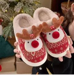 2024 novos chinelos de algodão de natal para mulher bonito dos desenhos animados cervos antiderrapante meninas interior casa sapatos de chão moda festa slides