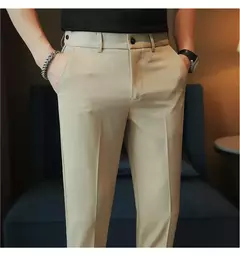 Calça casual slim-fit masculina, fato formal, monocromático, cintura ajustável, festa social, moda empresarial, novo, outono, 2022, 38-28 - comprar online