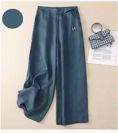 Calça de perna larga feminina, cintura alta elástica, algodão e linho, calça casual, calça reta solta, retrô artística, amarela, verão - Wolf Magazine