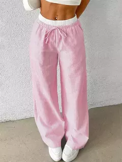 Calças femininas listradas de perna larga, calças casuais de comprimento total, roupas Y2K, streetwear outono e inverno, tecido, outono, 2024 - loja online