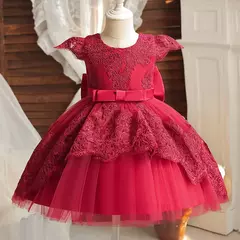Imagem do Bordado Elegante Crianças Princesa Vestidos para Meninas Luxo Golden Lace Vintage Crianças Festival Party Gown Bebê Batismo Vestidos