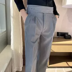 Estilo britânico dos homens de cintura alta vestido casual calça masculina cinto design calças finas formal escritório social vestido de festa de casamento terno calças - comprar online
