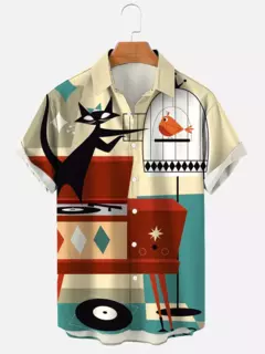 Camisa havaiana dos desenhos animados de anime masculino, Tops de manga curta, roupas casuais masculinas, rua, animais, gatos, retrô, 3D Tees, verão - loja online