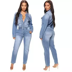 Macacão jeans de peito único feminino, macacão monocromático, macacão lavando bolsos, botão de rua alto, comprimento do tornozelo - comprar online