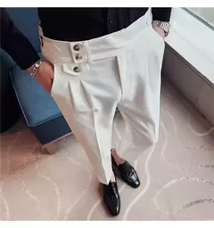 Calça formal de botão de cintura alta estilo britânico masculina, terno casual empresarial, calça de escritório, monocromática, alta qualidade, nova, primavera - loja online