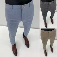 Homens terno calças calças formais pantalone hombre estiramento fino cor sólida vestido casual calças de comprimento total moda novas roupas masculinas - loja online
