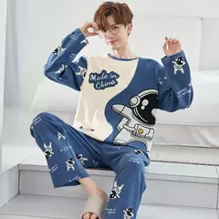 Pijama solto de manga comprida masculino, terno esportivo de lazer, conjuntos caseiros, primavera e outono, 2 peças - comprar online