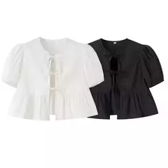 TRAF-Blusa de manga folhada folhada para mulheres, top branco, preto, ruched, laço amarrado, verão, tops bonitos, fêmea, 2021 - comprar online