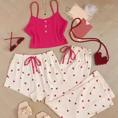 Imagem do Calções e calças de colete estampado em forma de coração para mulheres, conjunto de pijamas emparelhados, tecido com nervuras para casa, casual, 3 peças