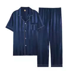 Imagem do Conjunto de pijama de seda fino masculino, manga comprida e calça curta, pijama, calça para dormir