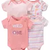 Recém-nascido manga curta em torno do pescoço macacão, onesies para bebês meninos e meninas, desenhos animados flores animais impressão, roupas infantis, 4pcs
