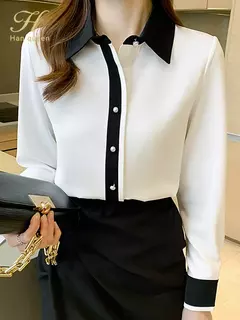 H Han Queen-blusa feminina de escritório com fivela de pérola, camisa manga comprida, tops casuais soltos, cor de contraste, feminino, outono - comprar online