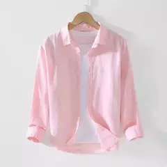 Camisa de linho de algodão respirável masculina, gola virada para baixo, manga comprida, monocromática, havaiana, casual, nova, outono