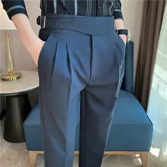 Estilo britânico dos homens de cintura alta vestido casual calça masculina cinto design calças finas formal escritório social vestido de festa de casamento terno calças - comprar online