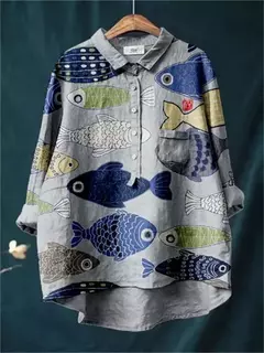 Sardinha de peixe retrô casual feminina arte camisa de bolso manga longa, camisas estampadas estilo havaiano, tops com gola v, verão - loja online