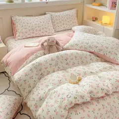 Conjunto de cama infantil com 3 peças, colcha rosa, capa de edredão floral vegetal, padrão de gato, desenhos animados fofos, conjunto de cama para meninas, decoração do quarto