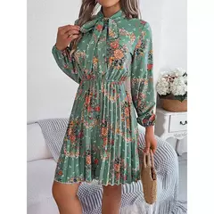 Vestido de Natal para as mulheres, manga longa, solto, elástico, estampa de flores, plissado, gola redonda, mini, novo, outono, 2022 - comprar online
