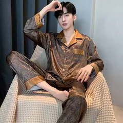 Conjuntos de pijama masculino de cetim de seda manga comprida, pijamas masculinos, camisola estampada, Casa, Soft Cozy Sleepwear Calças, Novo