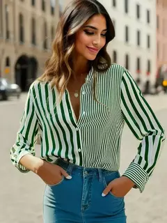 Imagem do Camisa estampada com listras verdes elegantes feminina, blusas plus size, roupas femininas, blusas, primavera, verão, moda, 2024