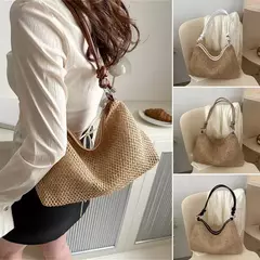 Saco de palha tecido Rattan para senhoras, sacola de grande capacidade, bolsa trançada artesanal, bolsa de ombro, moda na internet