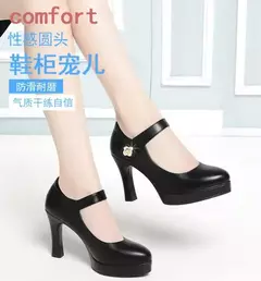 Bombas plataforma de salto bloco para mulheres, salto alto com fivela, sapatos femininos, elegantes sapatos pretos de escritório, primavera, outono, 2023
