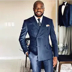 Fato formal listrado azul masculino, smoking de casamento casual, lapela de pico, blazer de peito duplo com calça, business, nova chegada, 2 PCs