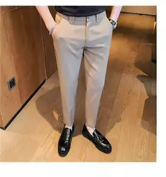 Calça de cintura elástica cor sólida para homens, calça casual slim fit, vestido de festa social, roupas de negócios de alta qualidade - comprar online