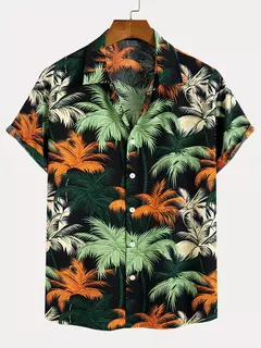Camisa de lapela masculina de manga curta, estilo havaiano, padrão tropical de coqueiro, tops grandes, férias de verão na internet