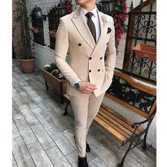 2024 novo terno masculino bege 2 peças duplo breasted notch lapela plana fino ajuste casual smoking para casamento (blazer + calças) - comprar online
