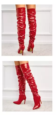 Eilyken-Patent Leather Apontado Toe Salto Alto para Mulheres, Botas Vermelhas Sobre o Joelho, Sapatos de Zíper Lateral, Stiletto Sólido, Calçado Feminino - loja online