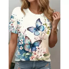 Camiseta colorida com padrão de borboleta feminina, camisetas estampadas com flores 3D, camiseta solta na moda, manga curta, tops redondos com pescoço, vívido - Wolf Magazine