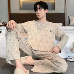 Pijama de algodão de duas peças masculino, calça de manga comprida, traje caseiro, estudante e adolescente, novo outono na internet