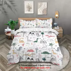 Dinossauro Padrão Impresso Bedding Set, Desenhos Animados, Adequado para Quarto do Menino, Rainha, Rei, Twin Bed, 1 capa de edredão + 2 fronha, 3Pcs